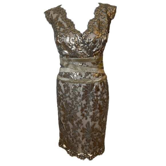 Tadashi Shoji Pailette Sheath Dress Smoke Pearl Size 4 - Picture 2 of 10